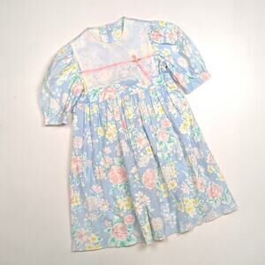 Vintage Dress Girls Sz 6x Pastel Floral Party 80s Cottagecore Bib Collar